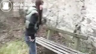 Girl shit and pissing on a bench by the stone wall _ Girls pooping indoor