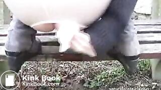 Girl shit and pissing on a bench by the stone wall _ Girls pooping indoor