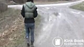 Girl shit and pissing on a bench by the stone wall _ Girls pooping indoor