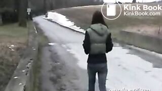 Girl shit and pissing on a bench by the stone wall _ Girls pooping indoor