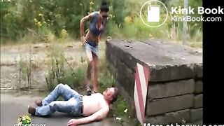 Sluts humiliate a homeless man