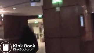 Very hot brunette girl pissing and farting in a public toilet