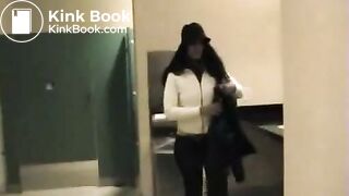 Very hot brunette girl pissing and farting in a public toilet