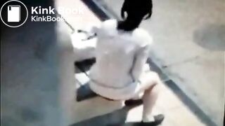 Disgusting bitch takes a shit on a bus stop bench