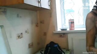 Russian brunette smoke & shit in kitchen+bathroom