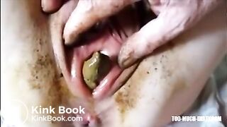 Dirty lady eject a piece of shit from her cunt