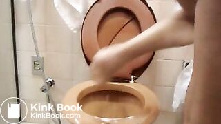 Girl shits brown poo into a brown toilet
