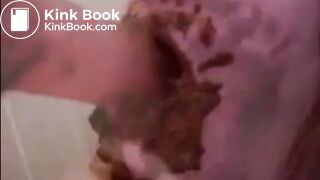 Dirty girl sucking and licking a shitty dildo