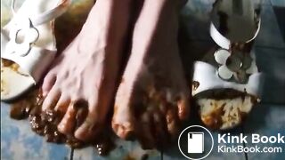 Girl shitting on sandals then wearing it