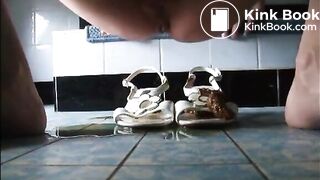 Girl shitting on sandals then wearing it