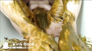 Chubby lady shitting on her feet and masturbating hard with dildo