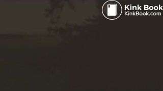 Mia poops outside a barn