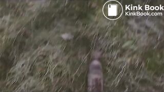 Mia poops outside a barn