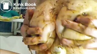 Mature woman smearing shit on her tits