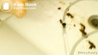 Hairy lady's messy tub enema