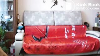 Slim brunette pushes out a meaty turd