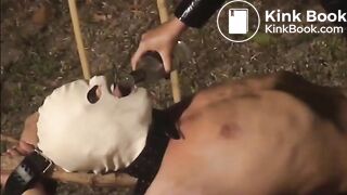 Cruel mistress feeding her male slave
