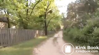 Pooping by an outhouse in the woods