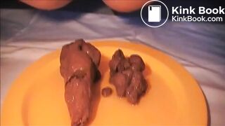 Babe shitting hard turd on a plate