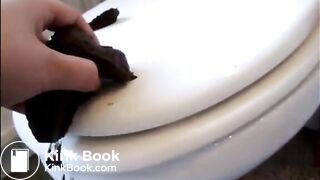 Girl shitting throug the blue jeans and tramples with her feet