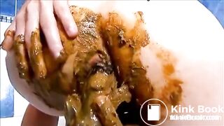 Girl shitting and masturbating with shitty dildo