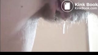 Hairy milf shit piss and smears poo on her body