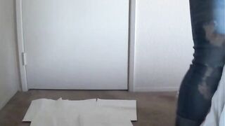 Blonde in jeans and heels shitting