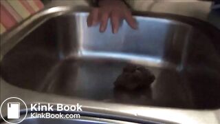 Hot brunette shitting in the kitchen sink and taste it