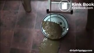 Wife shitting a lot of diarrhea in a white plate and pissing in a glass