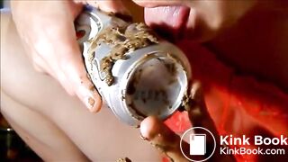 Girl masturbating with can shitting and taste it