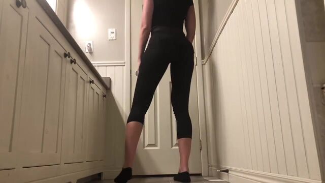 Black leggings tease counter poop