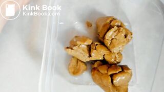 Blonde poops hard constipated logs on plastic dish