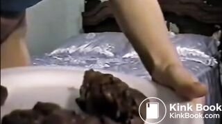 Blonde shitting a big turd on a white plate