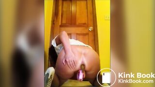 Hot milf in high heels shitting while masturbating with dildo