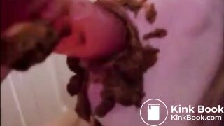 Girl giving blowjob to a dildo full of shit