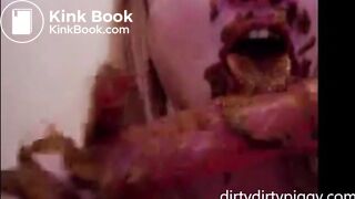 Girl giving blowjob to a dildo full of shit