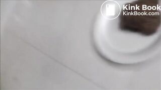 Brunette shitting in a white plate