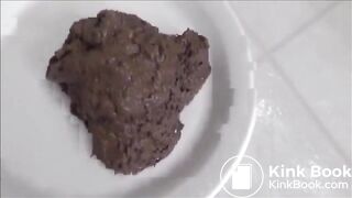 Brunette shitting in a white plate