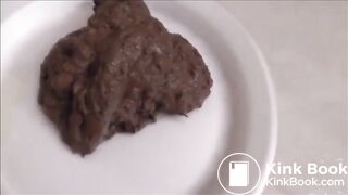 Brunette shitting in a white plate