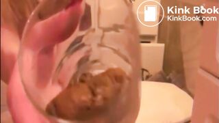 Skinny blonde girl shitting in a glass