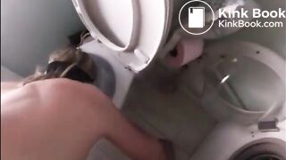 Woman eating shit from the toilet while fucked doggystyle