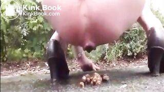 Mature woman shitting and pissing outdoor