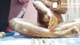 Ftm shits out a fat sloppy load then plays with it