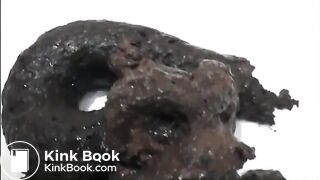 Sexy brunette in high heels and lingerie open wide legs and shitting on the floor