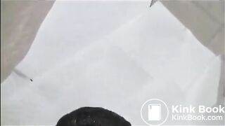 Sexy brunette in high heels and lingerie open wide legs and shitting on the floor