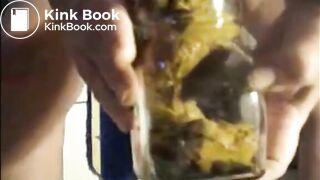 Big lady shitting in a jar and pissing