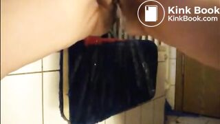 Big lady shitting in a jar and pissing