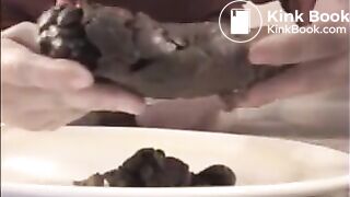 Woman shitting on a white plate