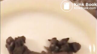 Woman shitting on a white plate