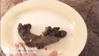 Woman shitting on a white plate